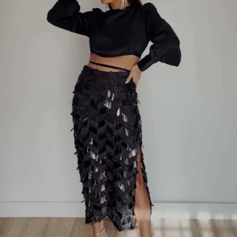 Zara Black Sequin Midi Skirt - Picture 12 of 15
